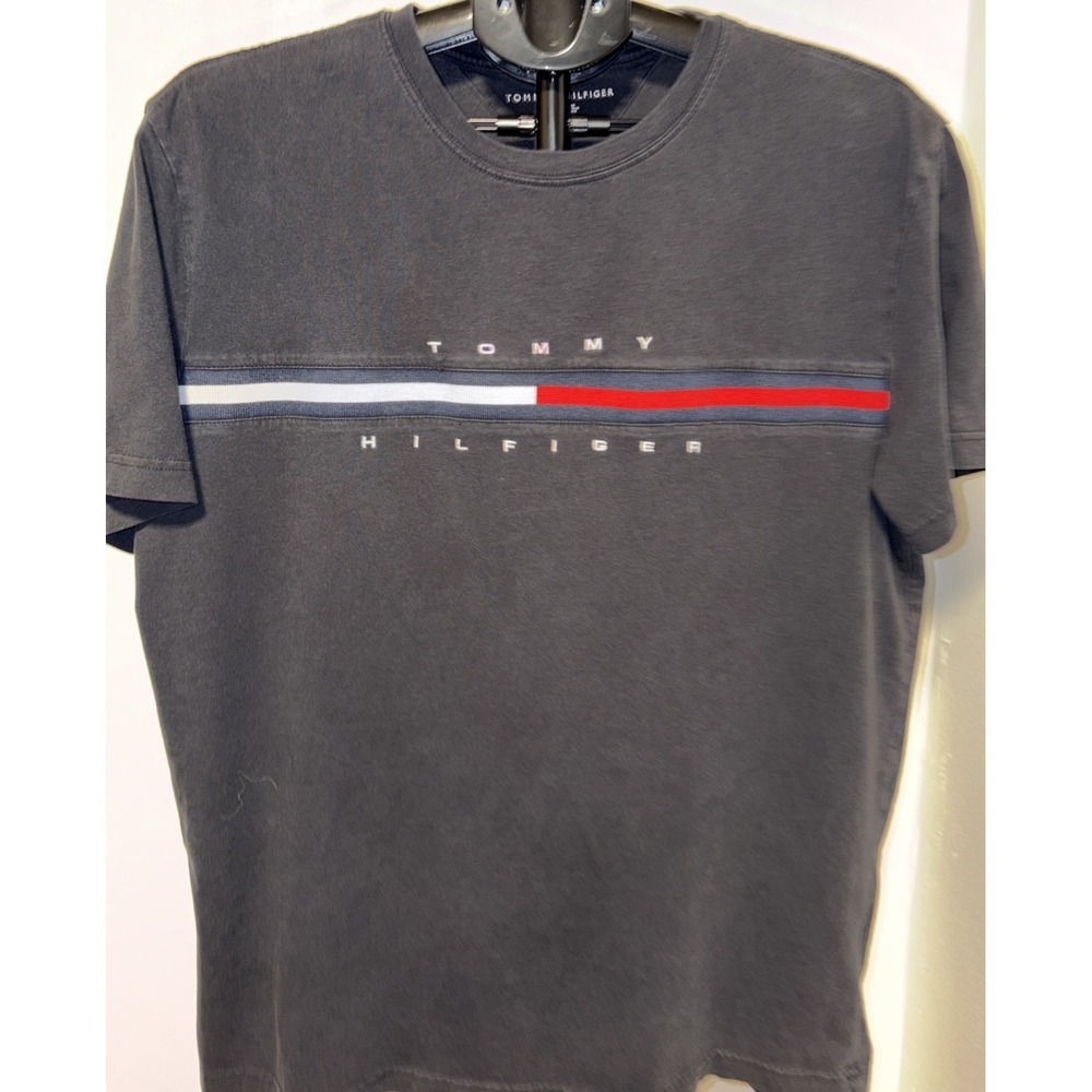TOMMY HILFIGER T-Shirt Men‎ Small Black Embroidered Spellout Logo Tee Cotton